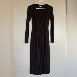 Good American Black Faux Wrap Midi Dress Long sleeve waist button closure size 0